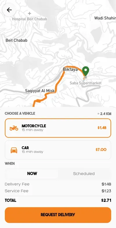Delivery request with motorcycle and car options
