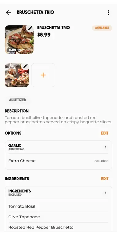 Item detail with photos, options and ingredients