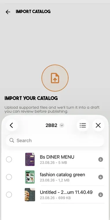 Choosing a menu file from the phone