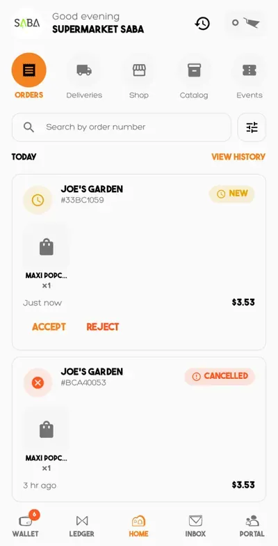 Orders tab with a new order to accept or reject