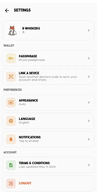 Settings with profile, passphrase and link a device