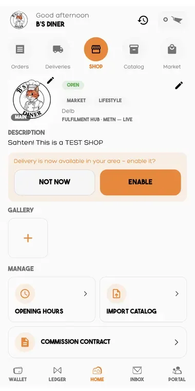 Shop tab with logo, description, delivery prompt and gallery