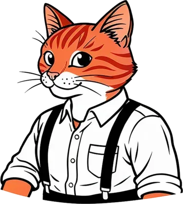 B, the 2BB2 cat, in a white shirt and suspenders